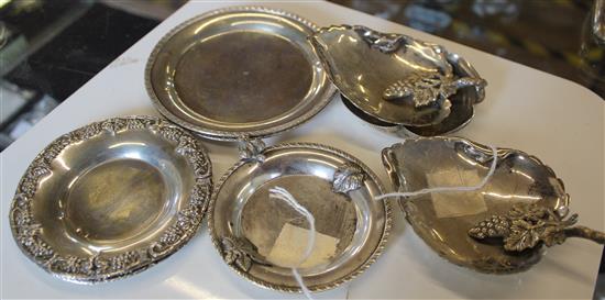 Pair 800 standard silver leaf-shaped dishes, cast vineous decoration & 6 similar pin dishes, inc 2 pairs